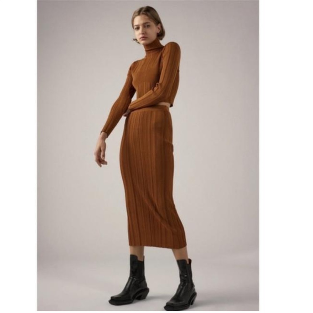 Zara Knit Ribbed Midi Bodycon Stretchy Skirt & Shirt (SET) - Picture 1 of 8